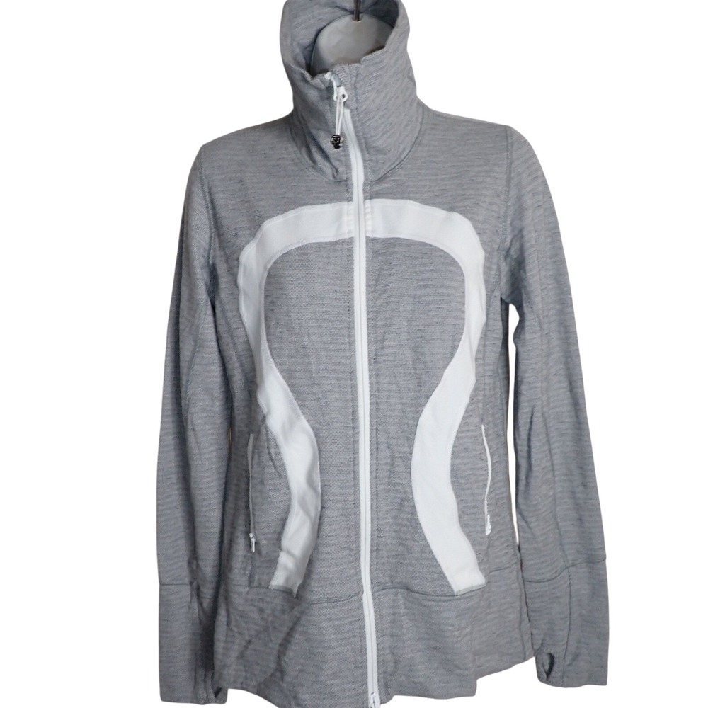 Lululemon Scuba Full Zip sweatshirt Heathered Grey White Logo Thumbholes Size 6